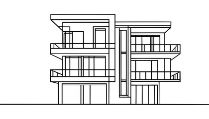 Continuous one line drawing of modern house construction building at city. Home property architecture hand drawn minimalist concept.
