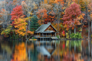 A tranquil lakeside cabin nestled amidst a forest of vibrant autumn foliage, with trees ablaze in hues of red, orange, and gold, reflecting in the calm waters of the lake.