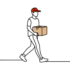 Continuous one line drawing delivery man with parcel box. Drawing of delivery man standing with parcel post