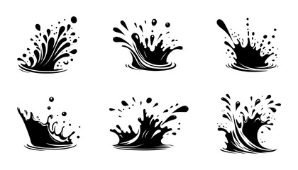 Monochrome Set of water wave splashes, falling aqua drops, sea or ocean waves. Blue water motion effects shape isolated on background, vector cartoon set