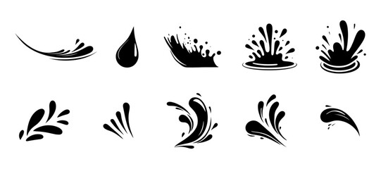 Monochrome Set of water wave splashes, falling aqua drops, sea or ocean waves. Blue water motion effects shape isolated on background, vector cartoon set