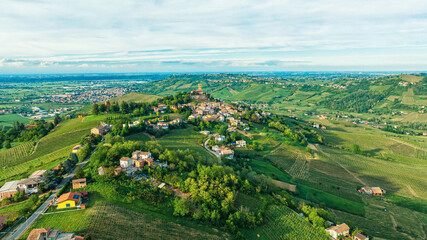 Ancient castle in the town of Cigognola, a view of town from a height. Drone photo