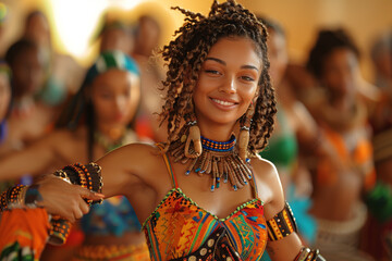 A dance workshop exploring movements and rhythms from around the world, promoting cultural exchange and physical expression. Concept of dance diversity and cultural fusion. Generative Ai.