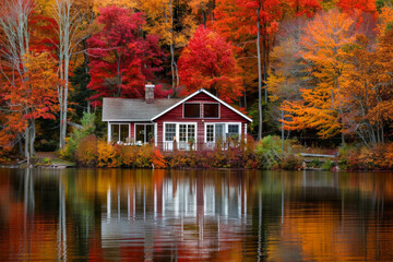 Fototapeta premium A tranquil lakeside cabin nestled amidst a forest of vibrant autumn foliage, with trees ablaze in hues of red, orange, and gold, reflecting in the calm waters of the lake.