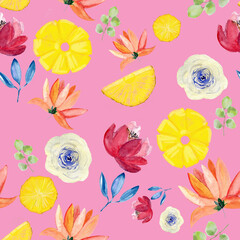Fruits and flowers. Hand drawn watercolor seamless pattern. 