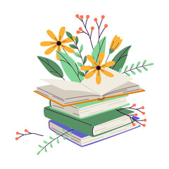 Books stack with fresh flower sand leaves 2D cartoon objects. Home library with spring bouquet isolated line vector elements white background