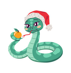 Cute snake with Santa hat and tangerine fruit 2D cartoon character. Chinese zodiac of next year isolated vector animal white background