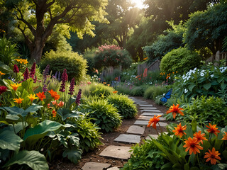 Obraz premium A lush garden in full bloom during the summer months, with a variety of flowers, trees, and plants.