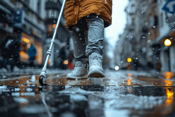 An individual with visual impairment using a white cane to navigate their surroundings safely. Concept of visual impairment and mobility aid. Generative Ai.