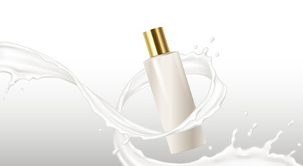 Mockup bottle in creamy whirl realistic vector illustration. Moisturizing lotion. Spa skincare products advertisement 3d objects on white