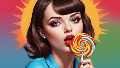 Illustrate a pop art girl with a lollipop adding upscaled_2