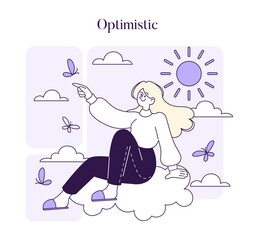 A young woman sits on a cloud, pointing towards the sun, embodying positivity and a hopeful outlook
