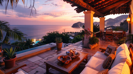 beautiful and cozy luxury home at the coast beach with an ocean view at sunset, and comfortable outdoor seating