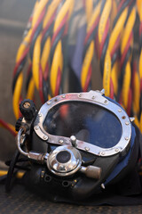 Closeup of commercial diving helmet on the boat