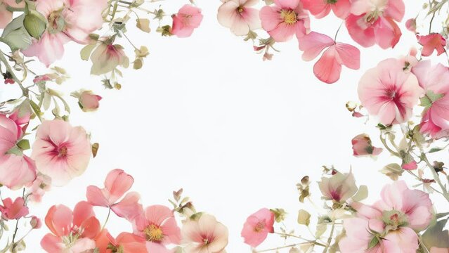 Summer floral frame with colorful flowers on white background, creating a vibrant border, empty, template copyspace for text, advertising, promotions, floral shops, events, greeting cards.