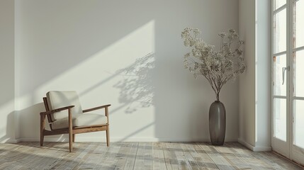 interior design,Serene Minimalist Room with Modern Chair and Geometric Side Table 3d rendering	