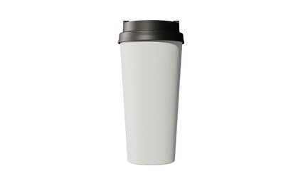 a white cup with a black lid on a black background