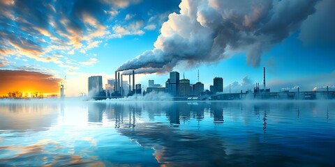 Dawn industrial skyline with smoke plumes raises discussions on energy production. Concept Industrialization, Skyline Views, Energy Production, Environmental Impact, Public Debate