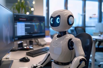 Ai-Powered Bots Transforming Customer Assistance In A virtual office. Futuristic technology transformation.