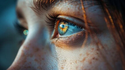 A close-up of a person's eyes, staring intensely into the distance, with a blurred background,...