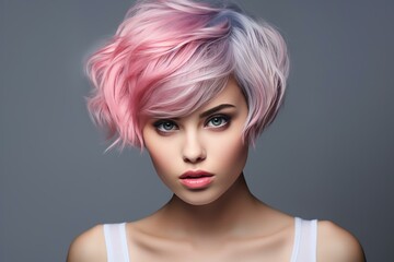 Fototapeta premium Fashion portrait of a young female with stylish short pink hair and captivating eyes