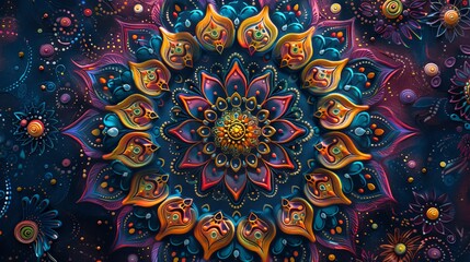 A colorful mandala design with intricate patterns and symmetrical shapes, representing balance and harmony in the universe.