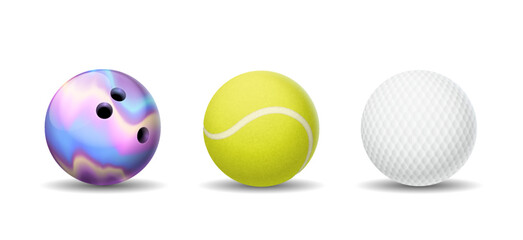 Bowling, tennis and golf balls realistic vector illustration set. Sports inventory. Equipment for active leisure 3d objects on white background