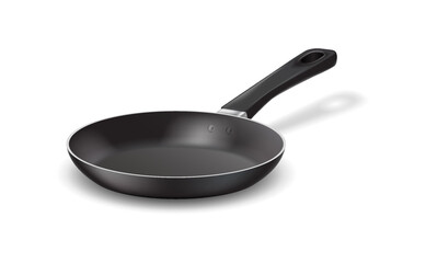 Nonstick frying pan with handle realistic vector illustration. Kitchen dishware design. Food preparation equipment 3d object on white background