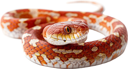 A coiled orange, red, and white snake with striking eyes and intricate scale patterns.
