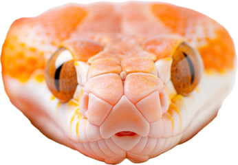 A close-up of an orange and yellow snake, highlighting its intricate scales and large, focused eye.
