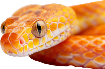 A close-up of an orange and yellow snake, highlighting its intricate scales and large, focused eye.
