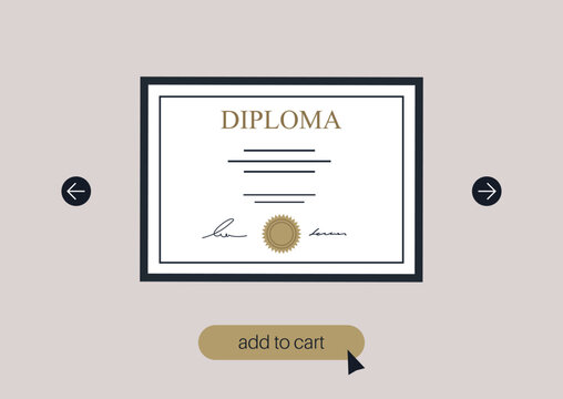 Online education, A framed diploma showcased in the internet store with an invitation to purchase