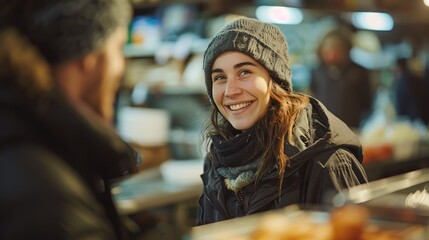 A photo of a person volunteering at a shelter, interacting warmly with those in need, demonstrating empathy and compassion.
