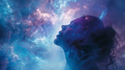 A psychic medium in a trance-like state, channeling spirits, with a faint glow surrounding them, creating an otherworldly and mystical ambiance.