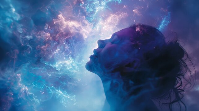 A psychic medium in a trance-like state, channeling spirits, with a faint glow surrounding them, creating an otherworldly and mystical ambiance.