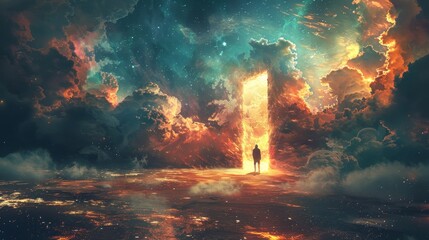 A symbolic image of the astral plane, with a figure standing at the edge of a glowing portal, contemplating a journey into the unknown