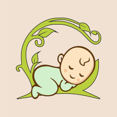 vector cute baby boy sleeping on beautiful leaves