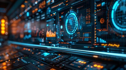 Futuristic spaceship control panel with glowing blue and orange lights.