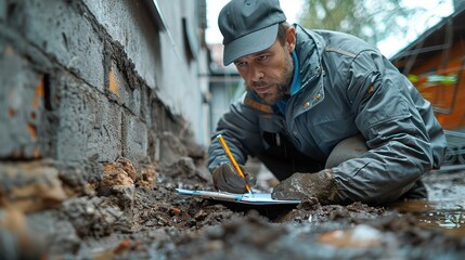 A inspector with a clipboard examining the exterior walls and foundation of a house. to ensure structural integrity.