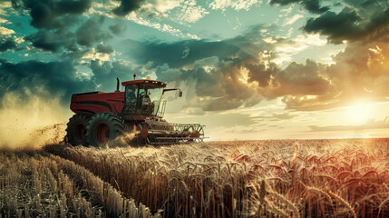 Fototapeta premium A vibrant red combine harvester is in action within a golden wheat field, surrounded by fluctuating stock exchange charts on agricultural products