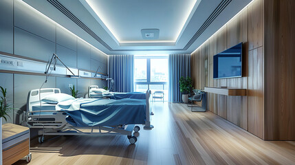Inside a modern hospital room, two beds are neatly made with a TV between them. The room is calm and peaceful