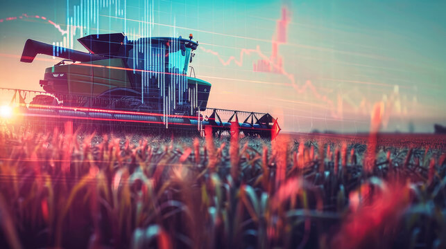 A modern combine harvester efficiently reaps crops in a vast field, with stock exchange charts in the background measuring the cost of agricultural products