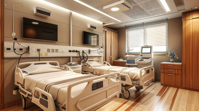A hospital room holds two beds and a television, creating a surreal scene of convergence between healthcare and entertainment