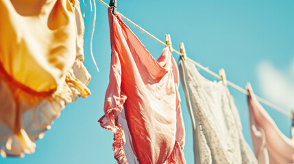 A row of clothes, including linen and laundry items, swaying gently in the wind on a clothesline
