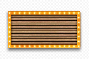 Signboard made from Wooden slats with glowing bulbs. Advertising banner template. Isolated on a transparent background. Stock vector