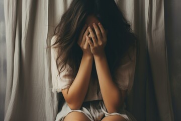 Young woman covers her face with her hands, displaying feelings of sadness or stress, illuminated by soft window light