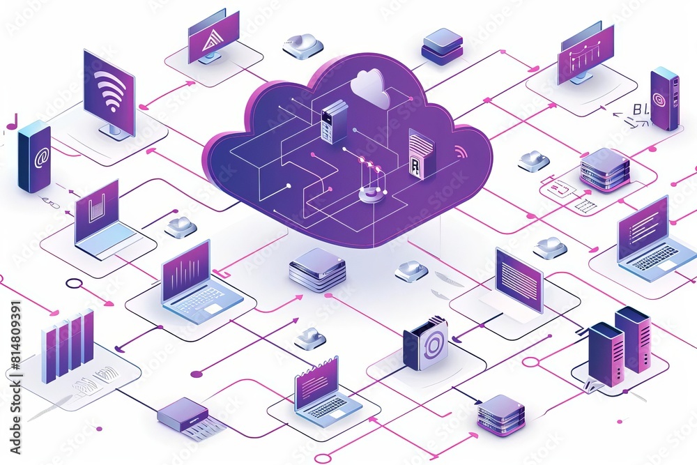Aufkleber A complex network of computers and servers connected to a central cloud storage system.