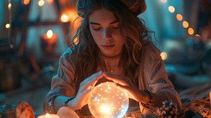 Fototapeta premium An energy healer, with eyes closed in deep concentration, holding their hands over a crystal ball, surrounded by a soft, ethereal glow, in a dimly lit room filled with healing crys