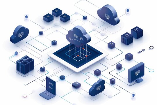 A complex network of interconnected clouds and devices. The devices are connected to each other via a series of lines and nodes.