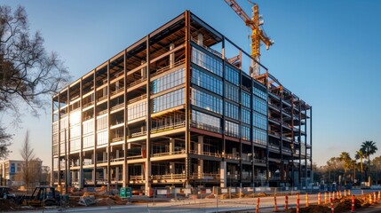 Construction site with crane lifting steel beams into place It shows the skeleton of the new building.